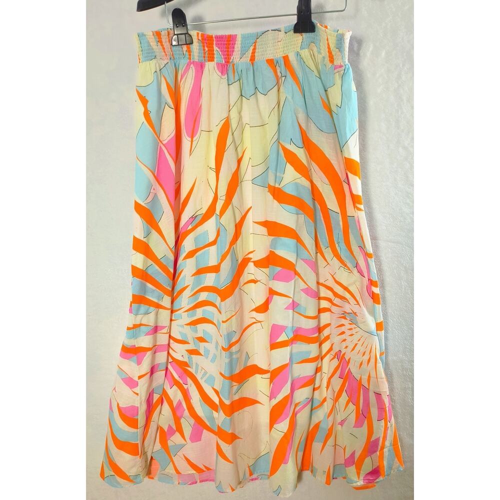 Maeve Anthropologie Maxi Skirt XL Multicolor Tropical Print Cotton Smocked Waist - Picture 4 of 15